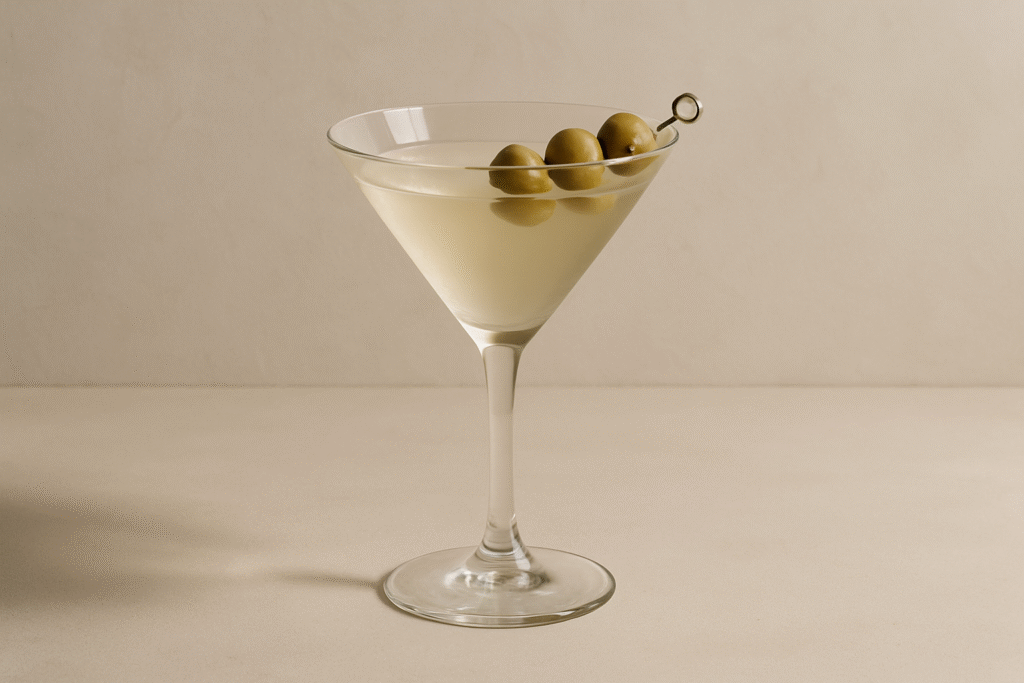 Dirty Martini cocktail med oliver i martini glas